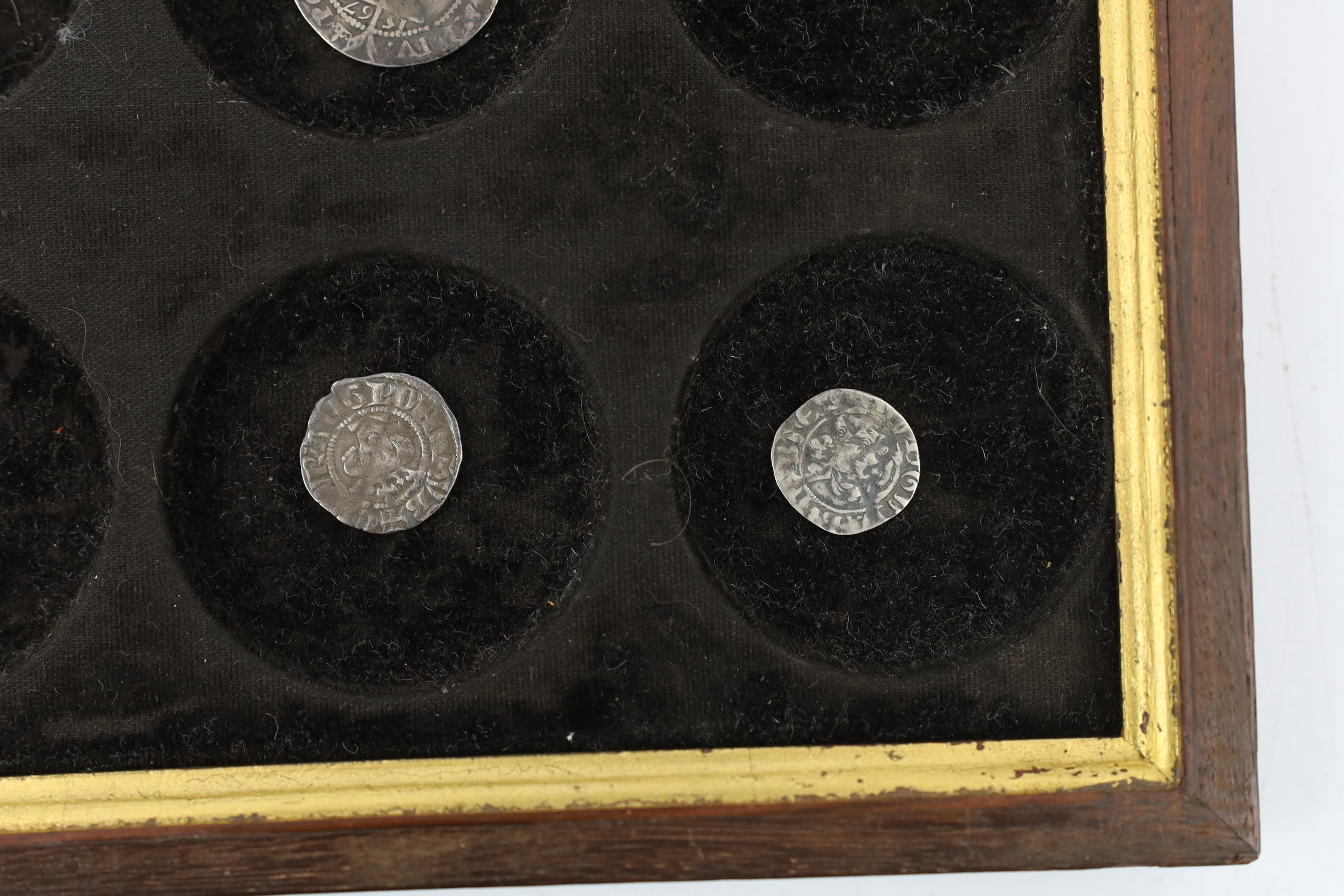 British hammered silver coins, to include five long cross pennies, Elizabeth I groat 1567, Elizabeth I penny 1575, James II shilling together with Charles II of Spain Catalonia groat 1687 (9)